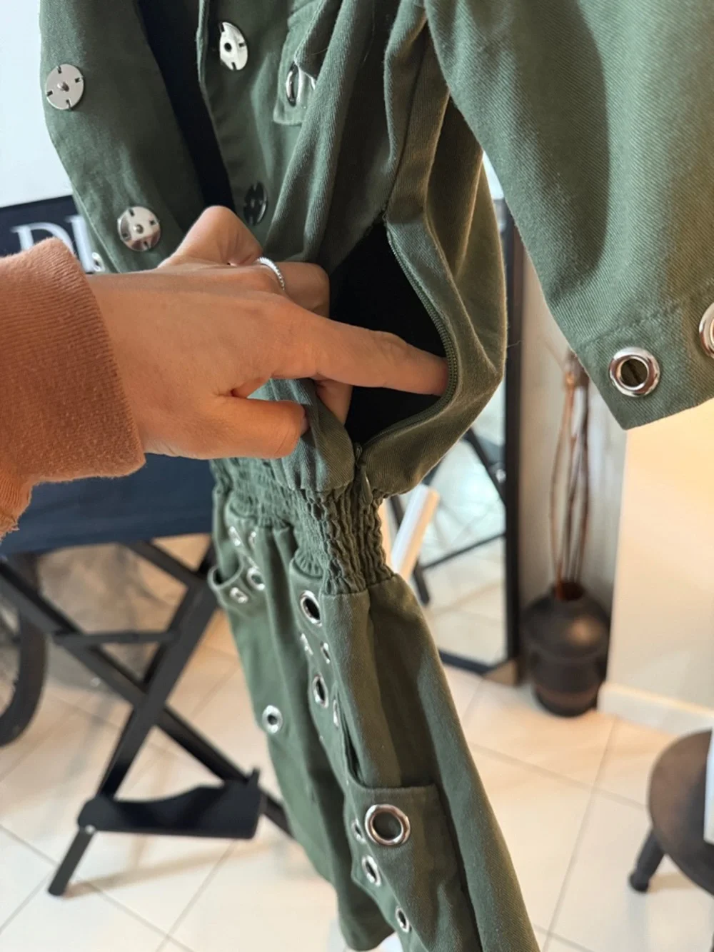 Maje Olive Green Eyelet Utility Mini Dress w silver accents - Picture 6 of 12